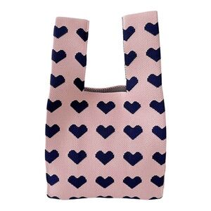 NWT CHEARTSO Knit Small Tote Crossover Handle Handbag Pink With Black Hearts